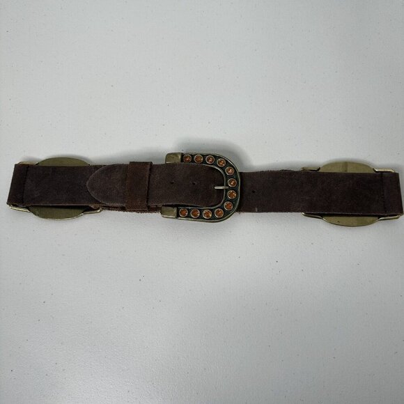 Steve‎ Madden Belt Brown Suede Leather Brass Buckle Rhinestone Size M - Picture 2 of 15